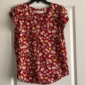 LOFT Red Floral Short-Sleeve Blouse
